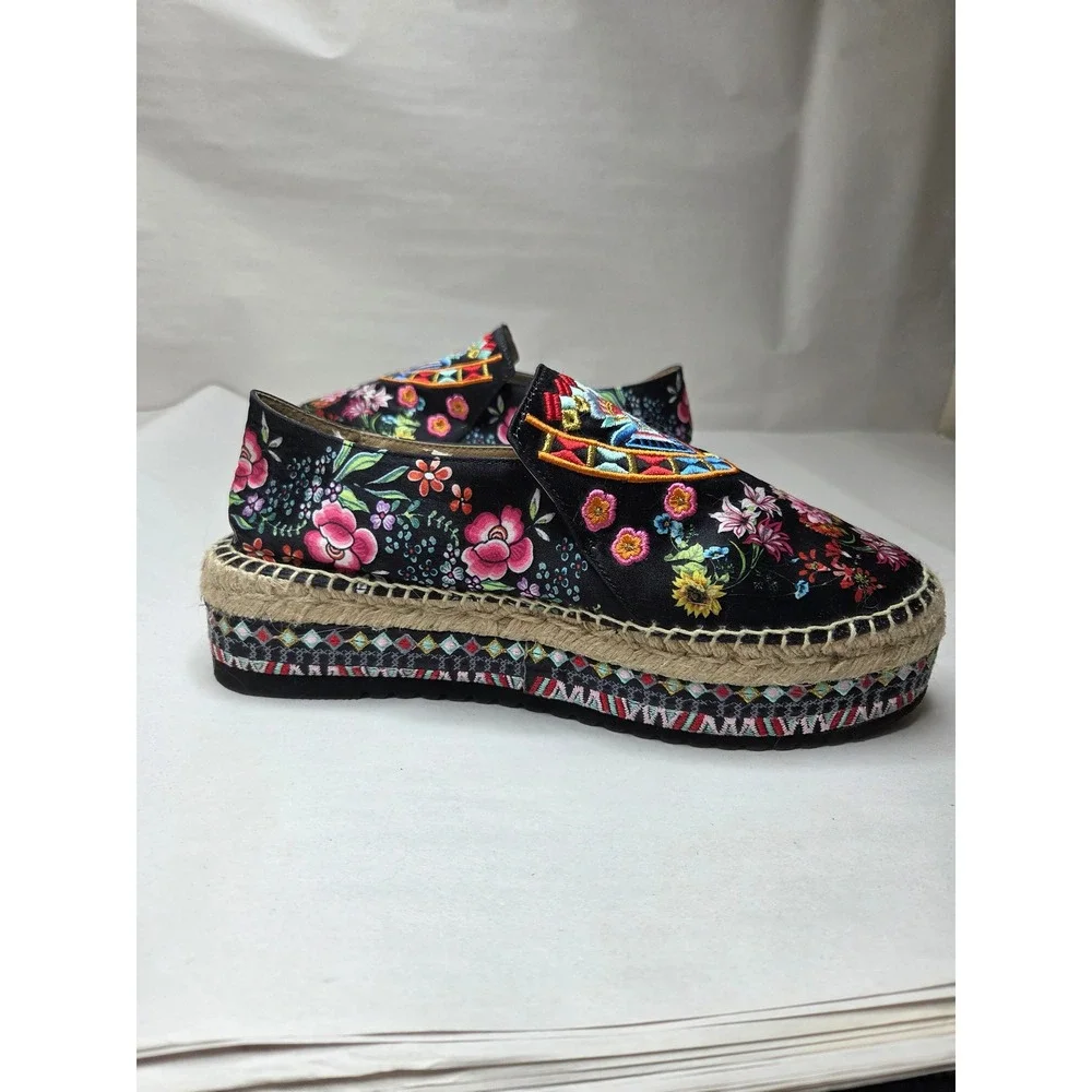 Johnny Was Black Leopard Floral Embroidered Platform Espadrille Shoes Size 9.5